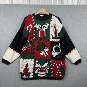 Vintage Holiday Time Sweater Womens Medium Christmas Patchwork Ugly Granny 90s